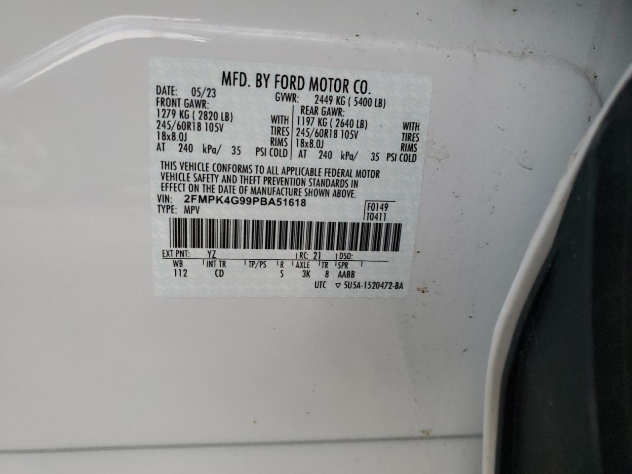 2023 FORD EDGE SE VIN:2FMPK4G99PBA51618