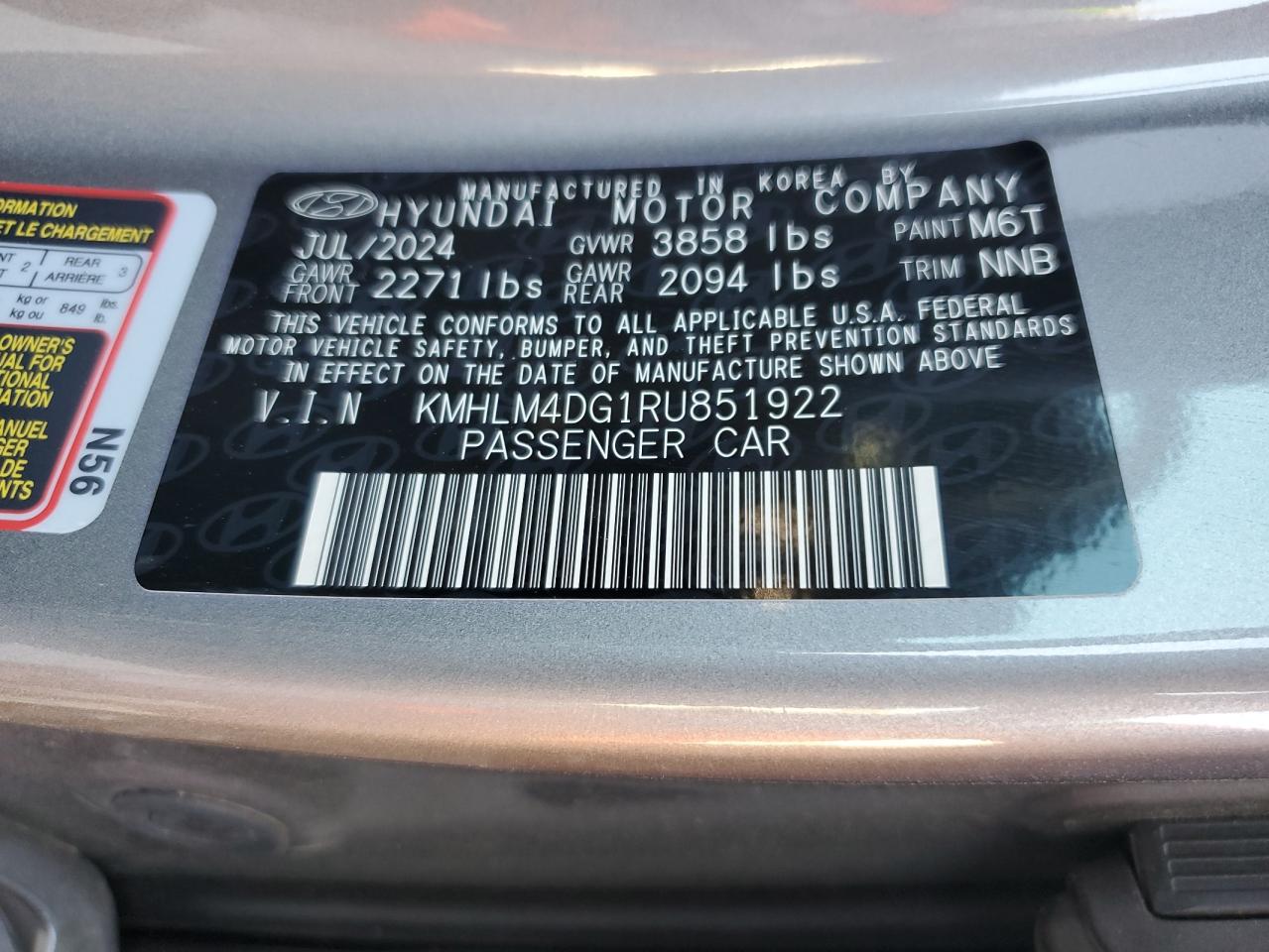 2024 HYUNDAI ELANTRA SEL VIN:KMHLM4DG1RU851922