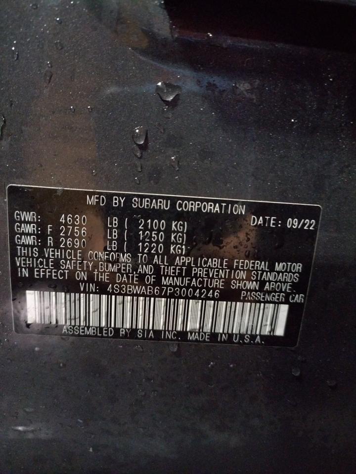 2023 SUBARU LEGACY VIN:4S3BWAB67P3004246