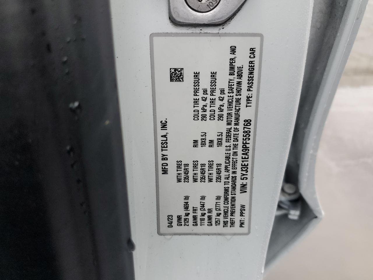 2023 TESLA MODEL 3 VIN:5YJ3E1EA9PF558768