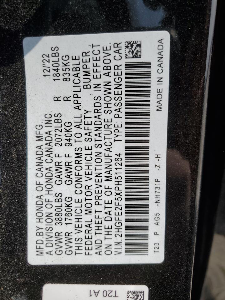 2023 HONDA CIVIC SPORT VIN:2HGFE2F5XPH511264