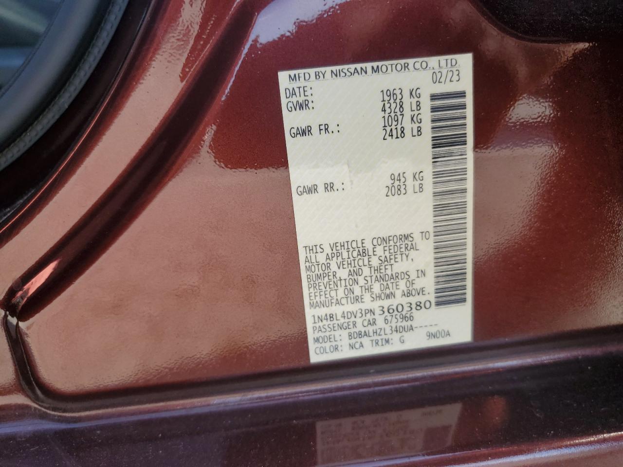 2023 NISSAN ALTIMA SV VIN:1N4BL4DV3PN360380