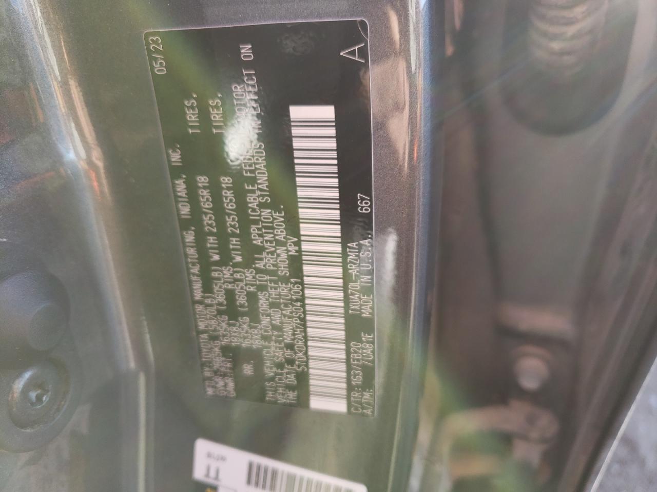 2023 TOYOTA HIGHLANDER L VIN:5TDKDRAH7PS041061