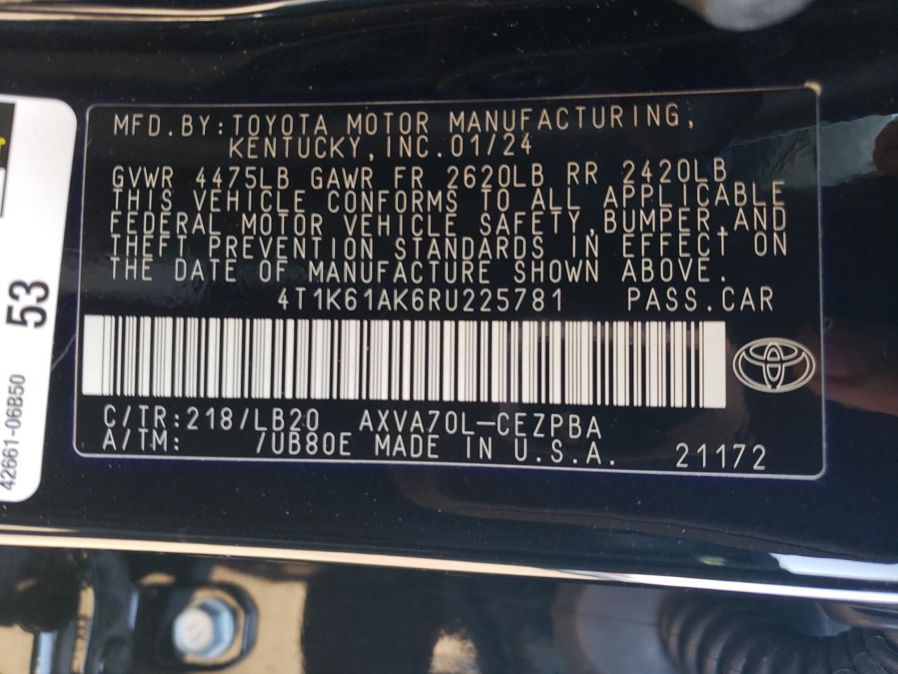 2024 TOYOTA CAMRY XSE VIN:4T1K61AK6RU225781