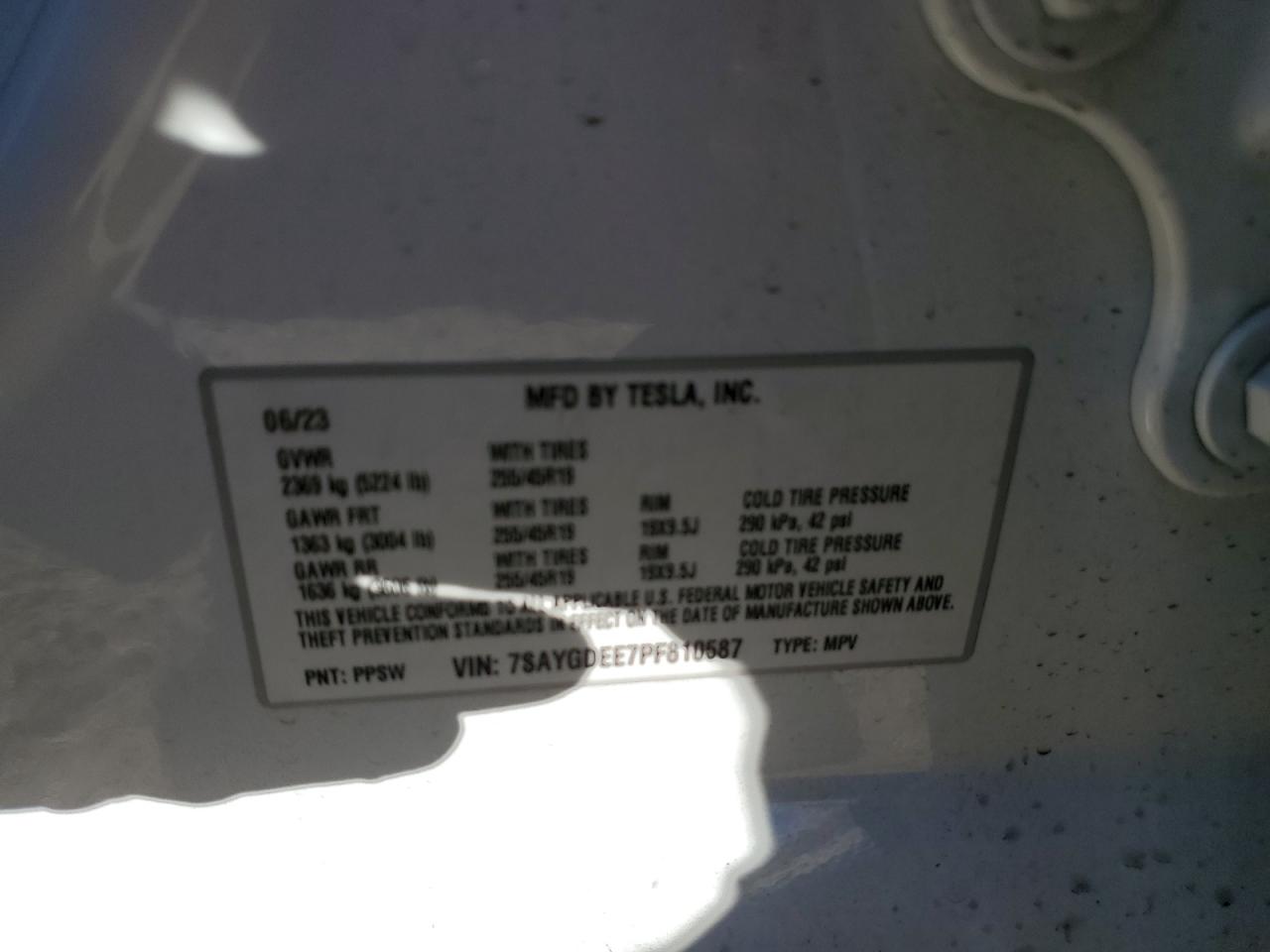 2023 TESLA MODEL Y VIN:7SAYGDEE7PF810587