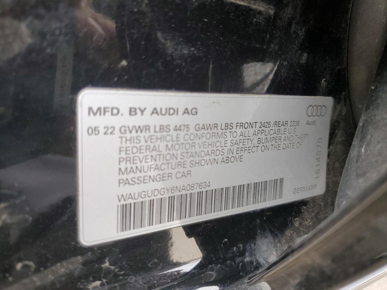 2022 AUDI A3 PREMIUM VIN:WAUGUDGY6NA087634