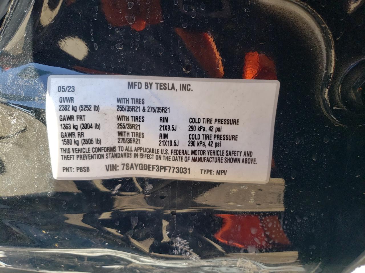2023 TESLA MODEL Y VIN:7SAYGDEF3PF773031