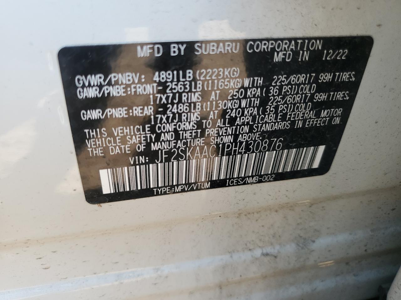 2023 SUBARU FORESTER VIN:JF2SKAAC1PH430876