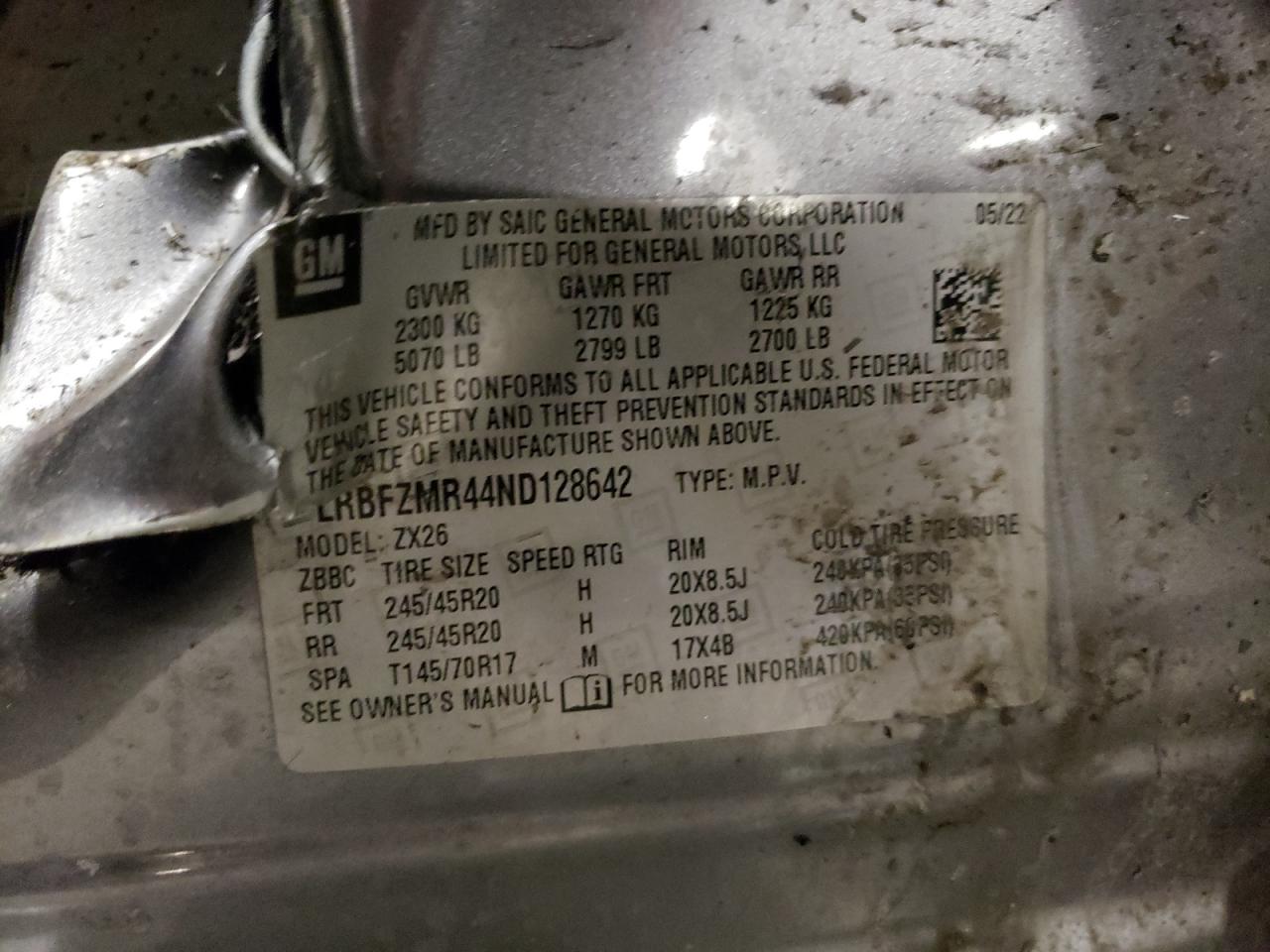 2022 BUICK ENVISION PREFERRED VIN:LRBFZMR44ND128642