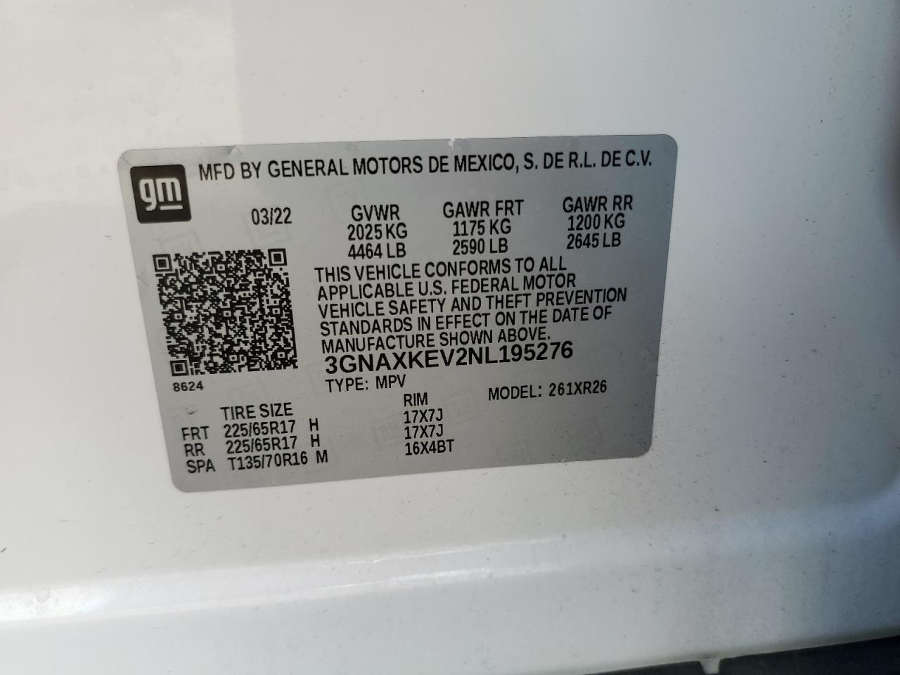 2022 CHEVROLET EQUINOX LT VIN:3GNAXKEV2NL195276