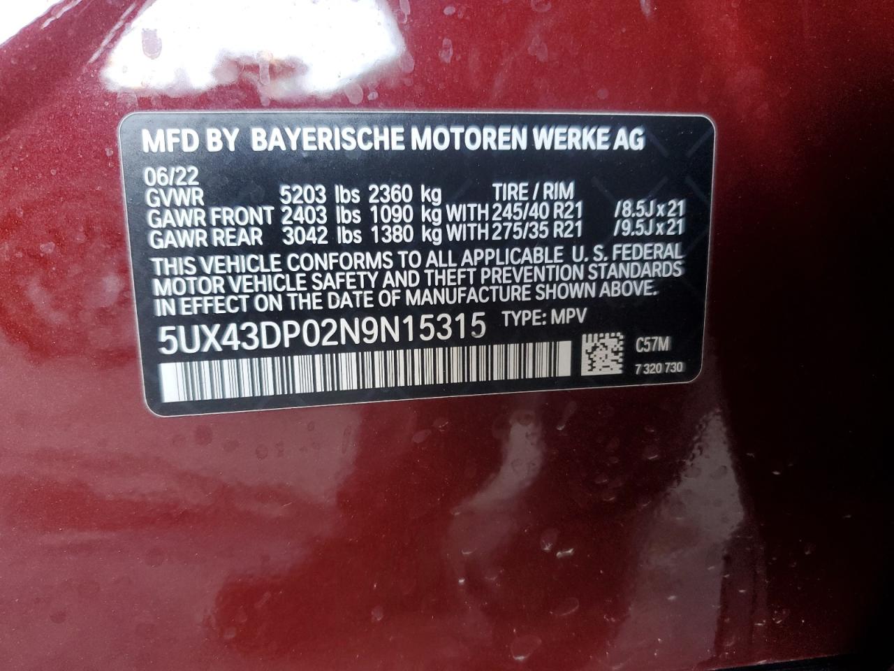 2022 BMW X3 SDRIVE30I VIN:5UX43DP02N9N15315