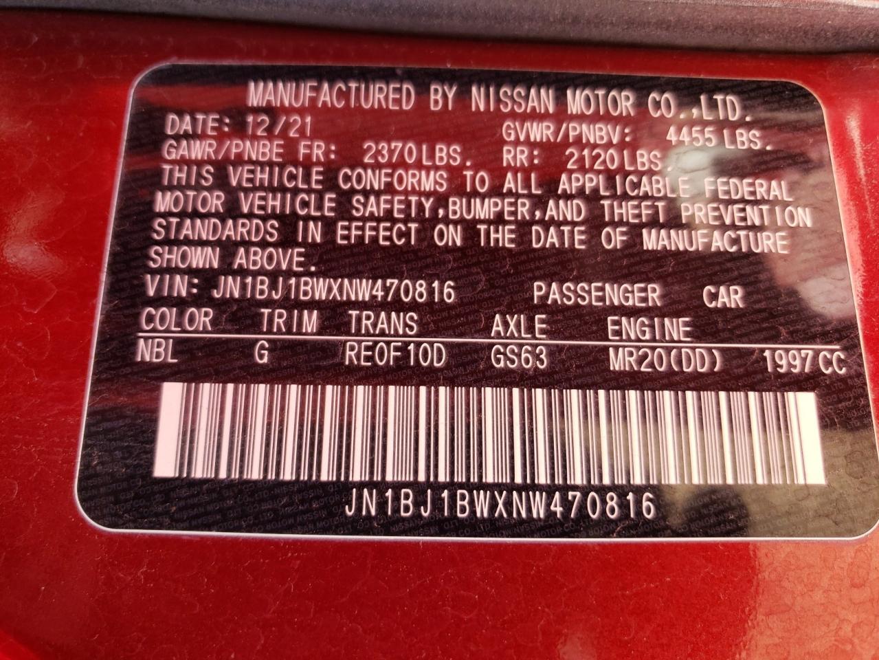 2022 NISSAN ROGUE SPORT SV VIN:JN1BJ1BWXNW470816