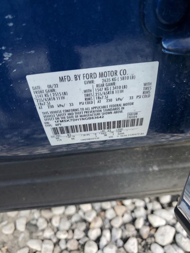 2022 FORD EXPLORER XLT VIN:1FMSK7DH1NGB83642