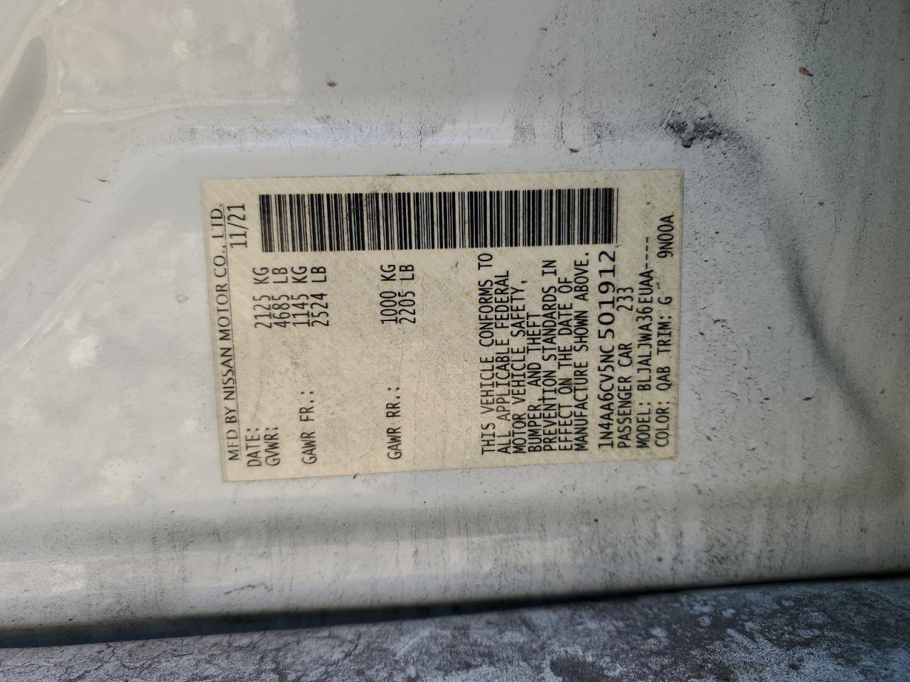 2022 NISSAN MAXIMA SV VIN:1N4AA6CV5NC501912