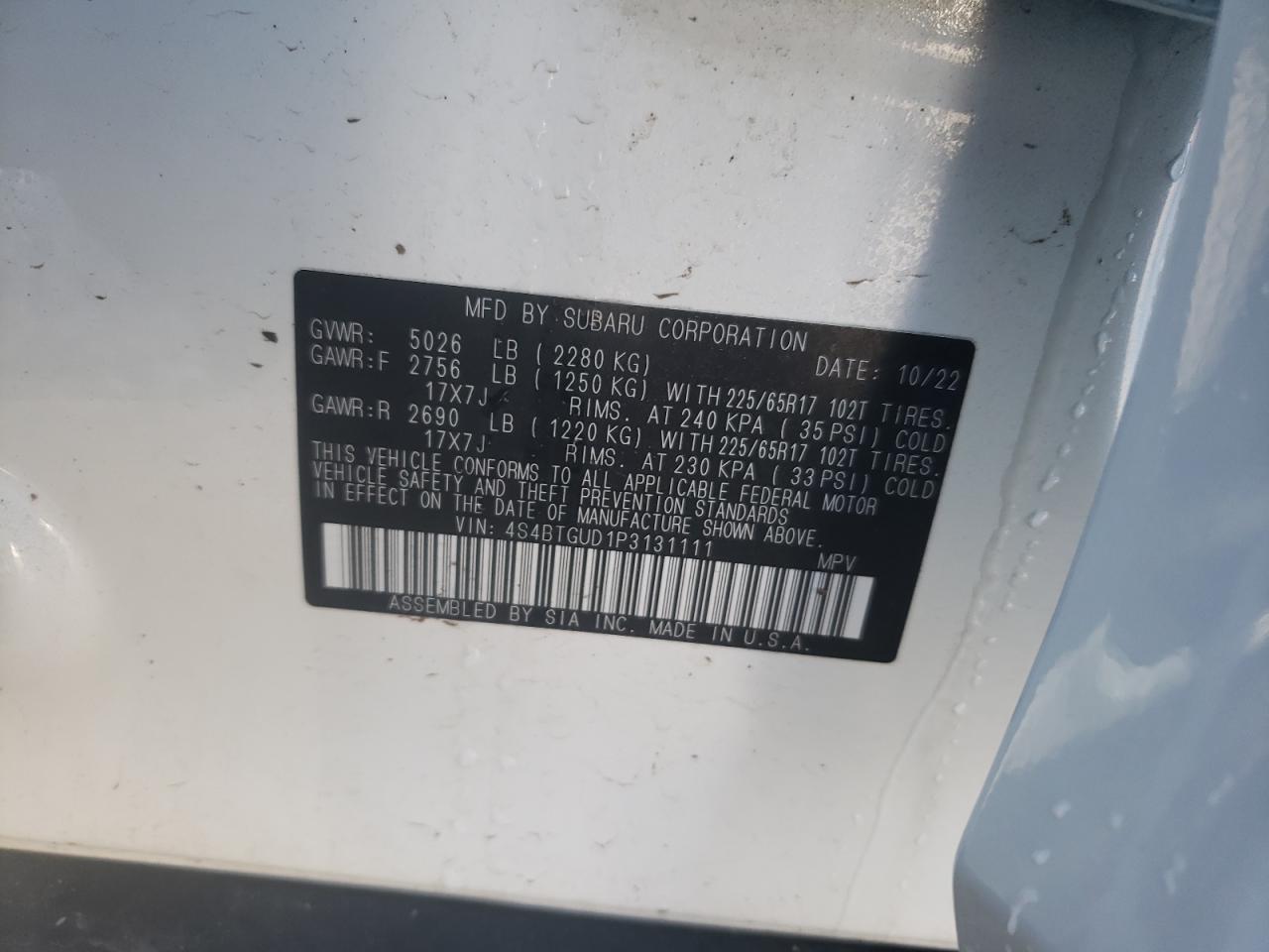 2023 SUBARU OUTBACK WILDERNESS VIN:4S4BTGUD1P3131111