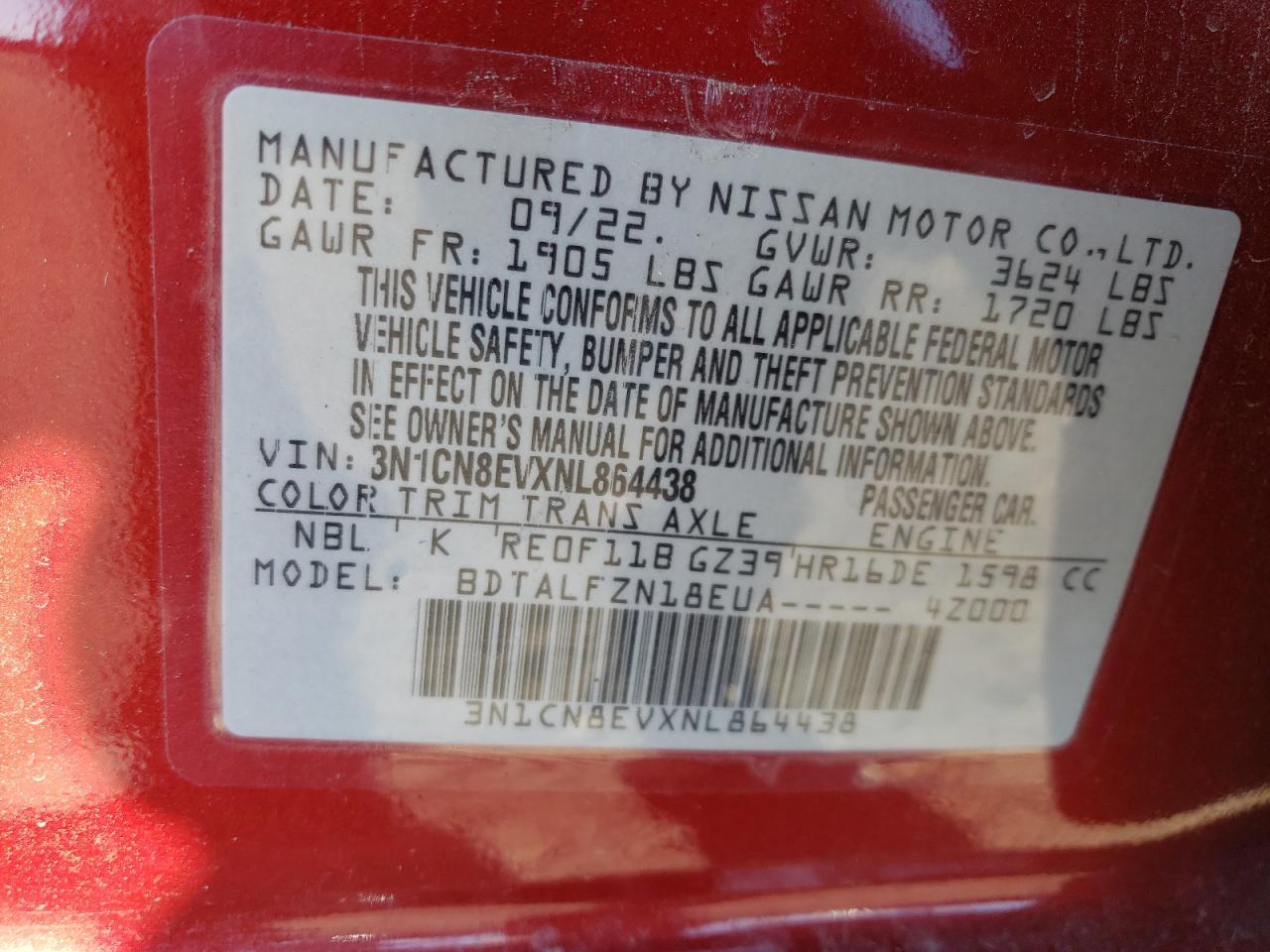 2022 NISSAN VERSA SV VIN:3N1CN8EVXNL864438