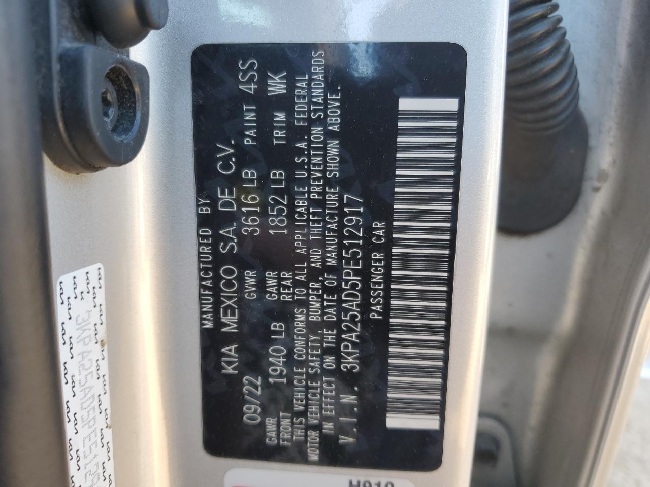 2023 KIA RIO S VIN:3KPA25AD5PE512917