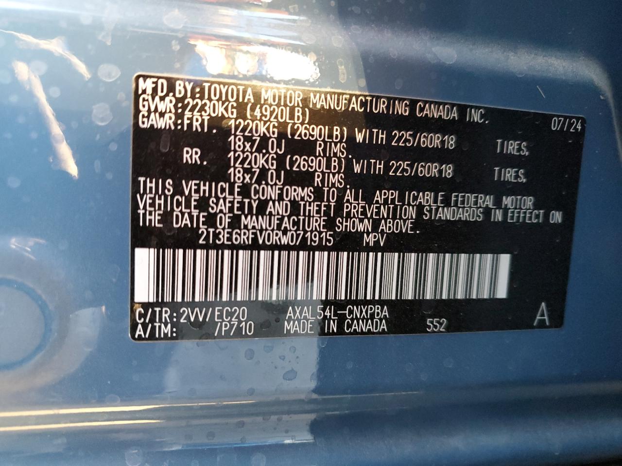 2024 TOYOTA RAV4 XSE VIN:2T3E6RFV0RW071915
