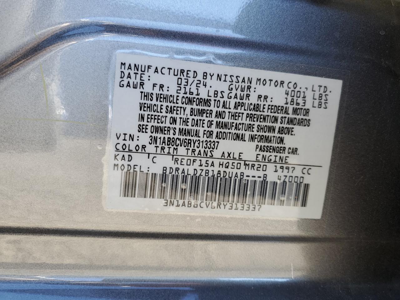 2024 NISSAN SENTRA SV VIN:3N1AB8CV6RY313337