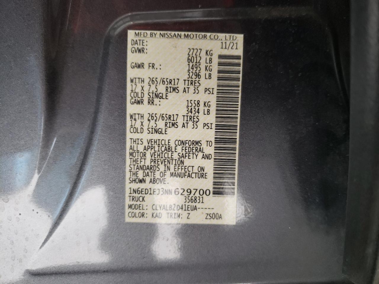 2022 NISSAN FRONTIER S VIN:1N6ED1EJ3NN629700