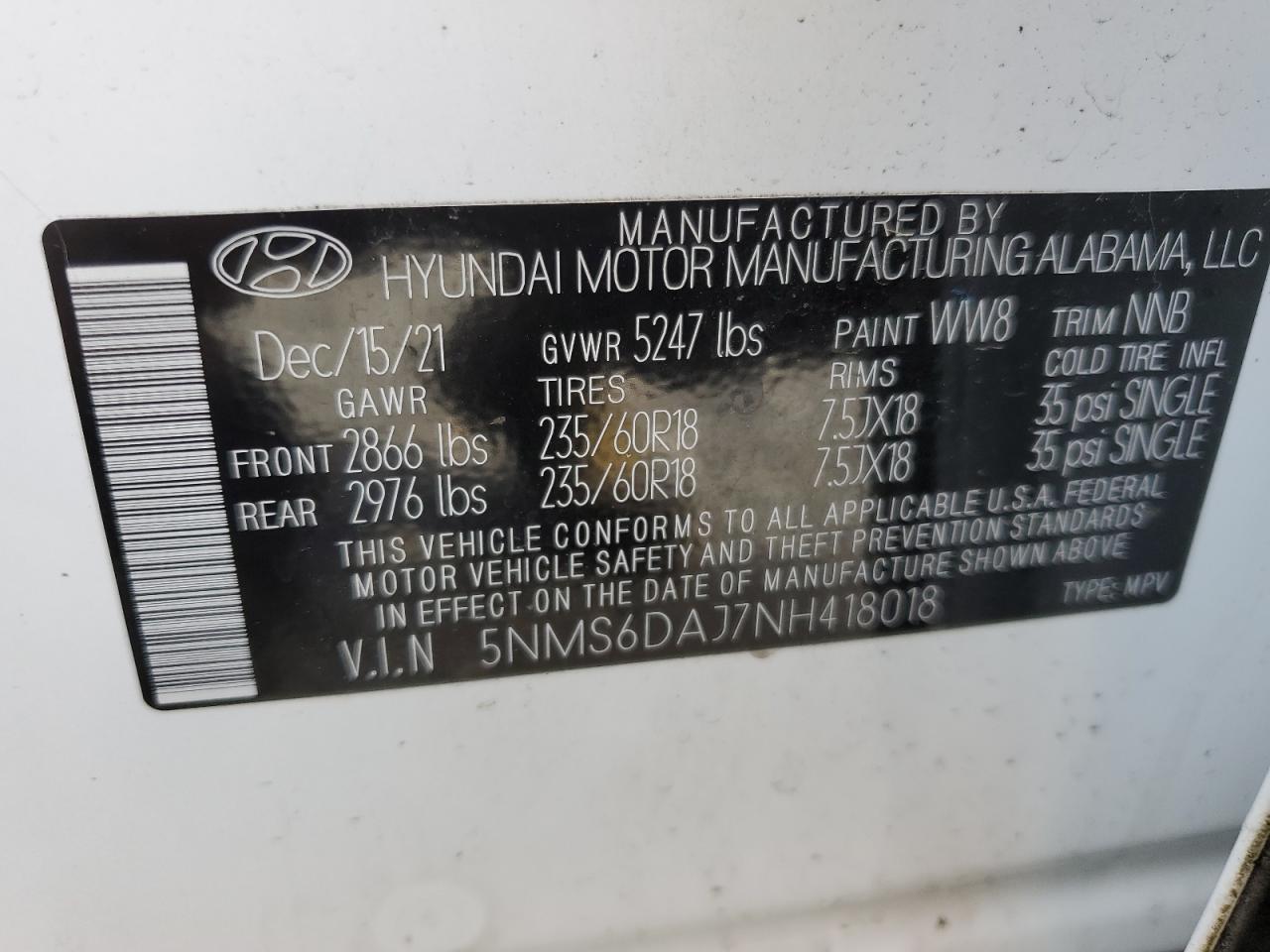 2022 HYUNDAI SANTA FE SEL VIN:5NMS6DAJ7NH418018