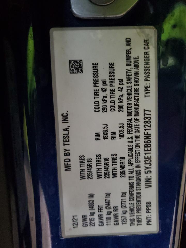 2022 TESLA MODEL 3 VIN:5YJ3E1EB6NF128377