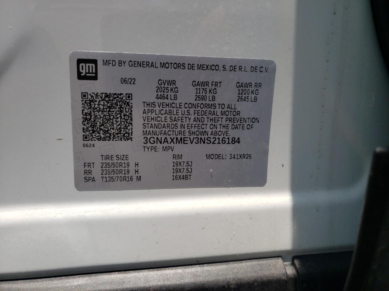 2022 CHEVROLET EQUINOX RS VIN:3GNAXMEV3NS216184