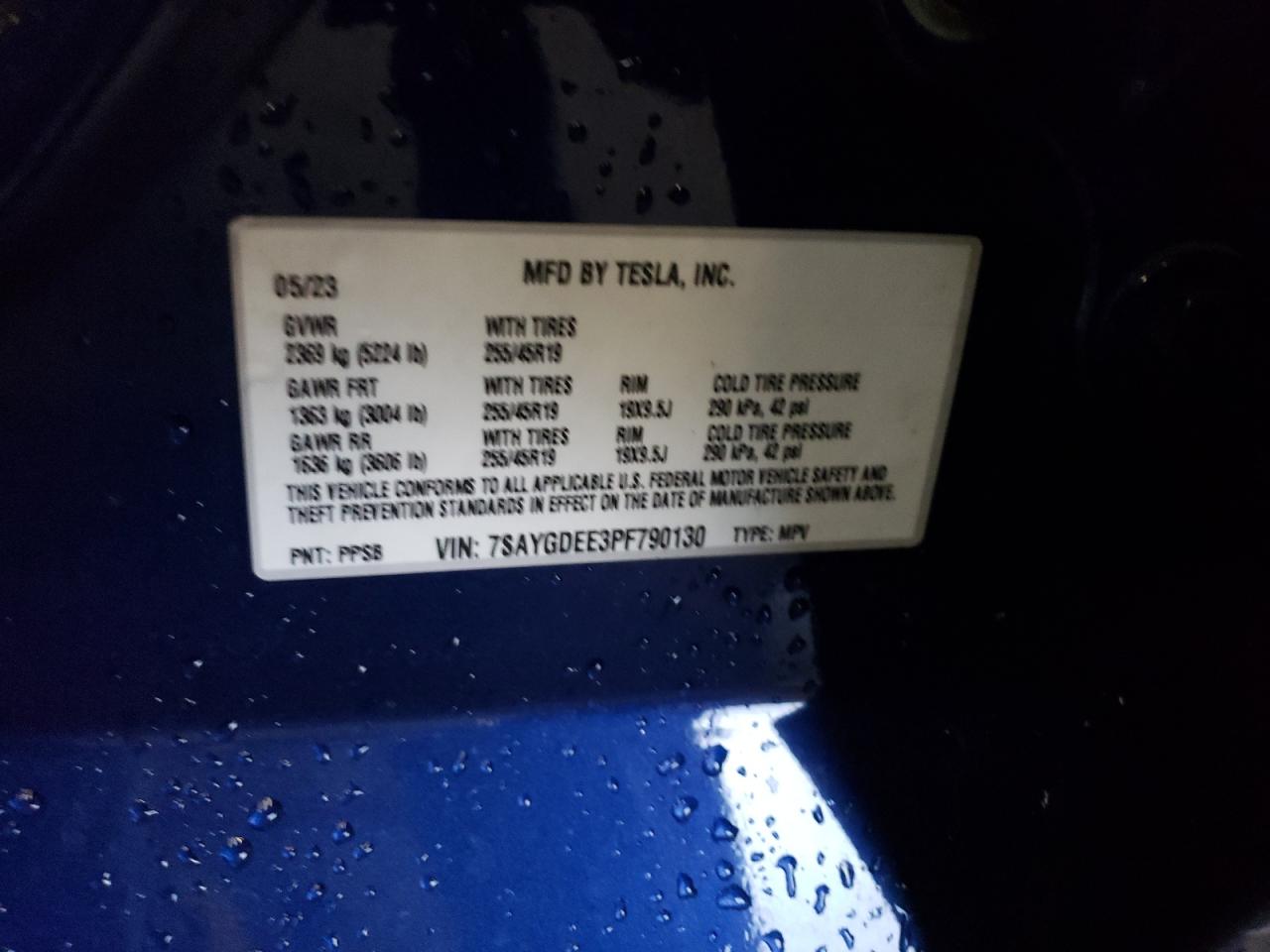 2023 TESLA MODEL Y VIN:7SAYGDEE3PF790130