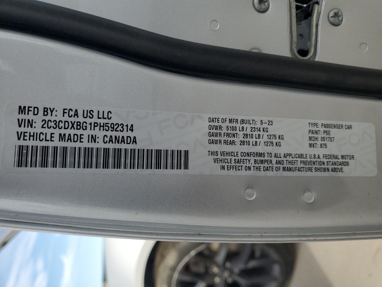 2023 DODGE CHARGER SXT VIN:2C3CDXBG1PH592314