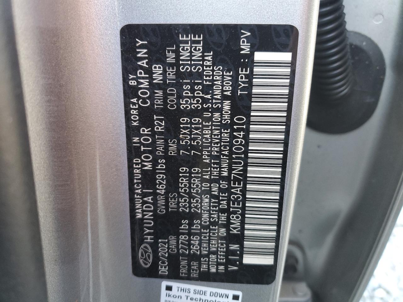 2022 HYUNDAI TUCSON LIMITED VIN:KM8JE3AE7NU109410