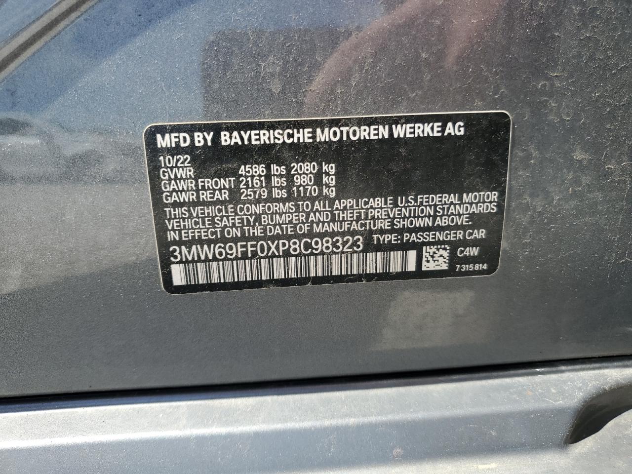 2023 BMW 330I VIN:3MW69FF0XP8C98323