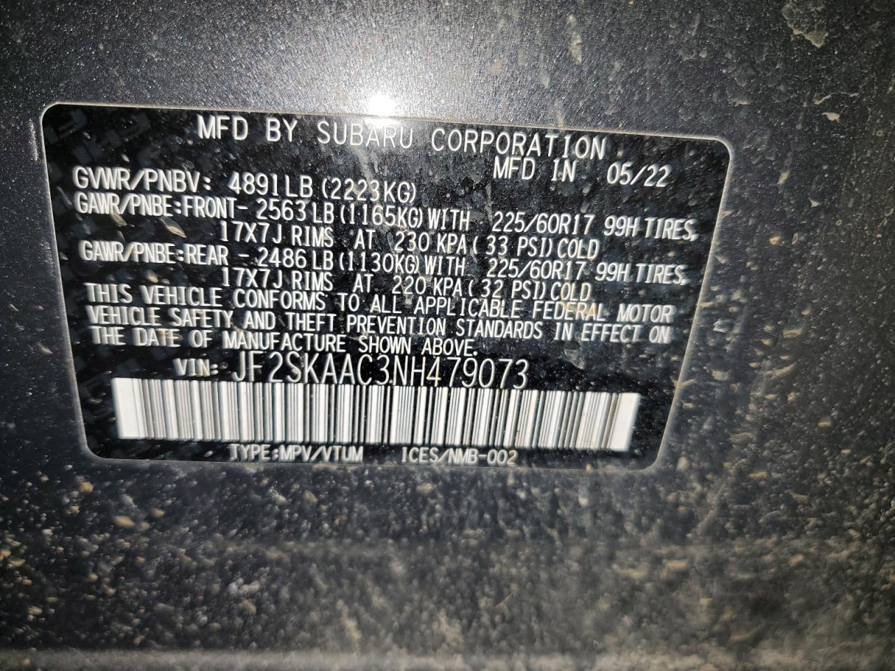 2022 SUBARU FORESTER VIN:JF2SKAAC3NH479073