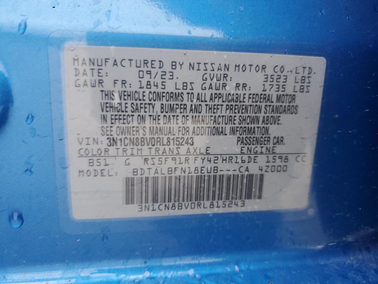 2024 NISSAN VERSA S VIN:3N1CN8BV0RL815243