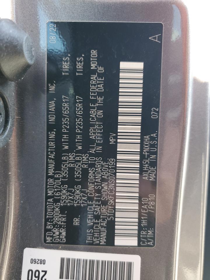 2022 TOYOTA SIENNA XLE VIN:5TDYSKFC3NS070199