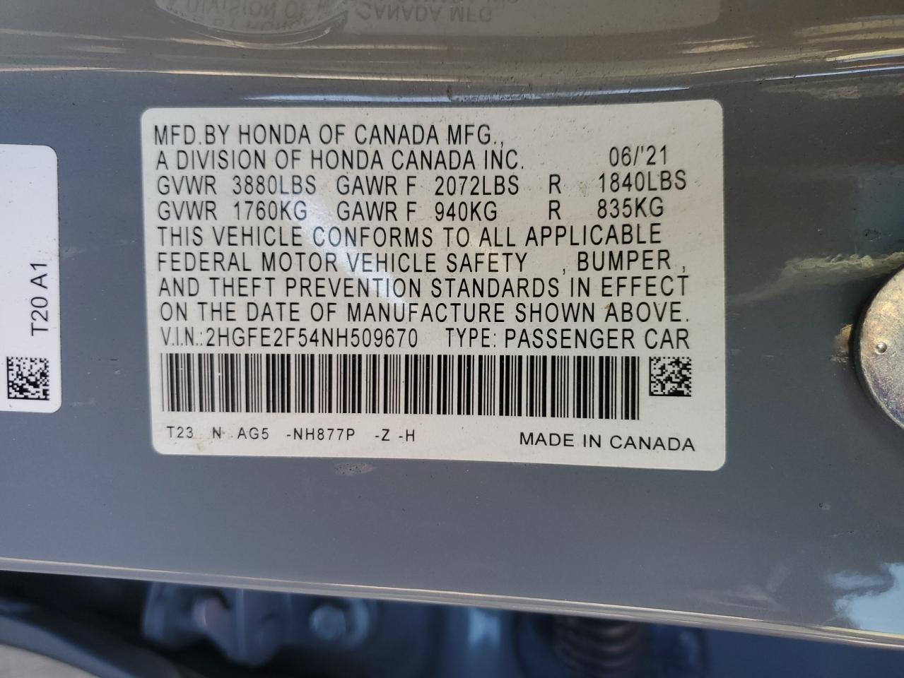 2022 HONDA CIVIC SPORT VIN:2HGFE2F54NH509670