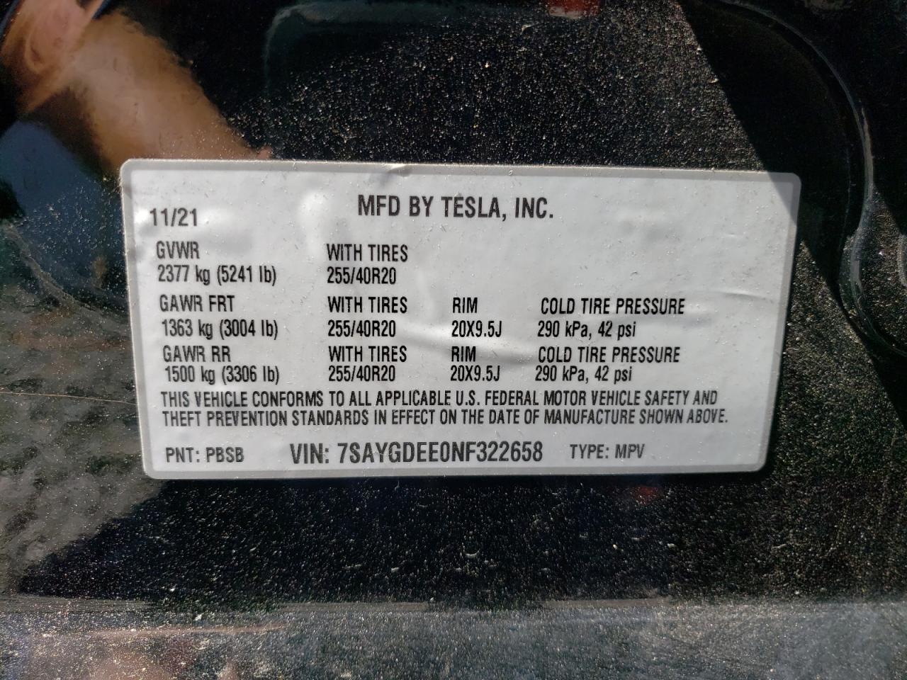 2022 TESLA MODEL Y VIN:7SAYGDEE0NF322658