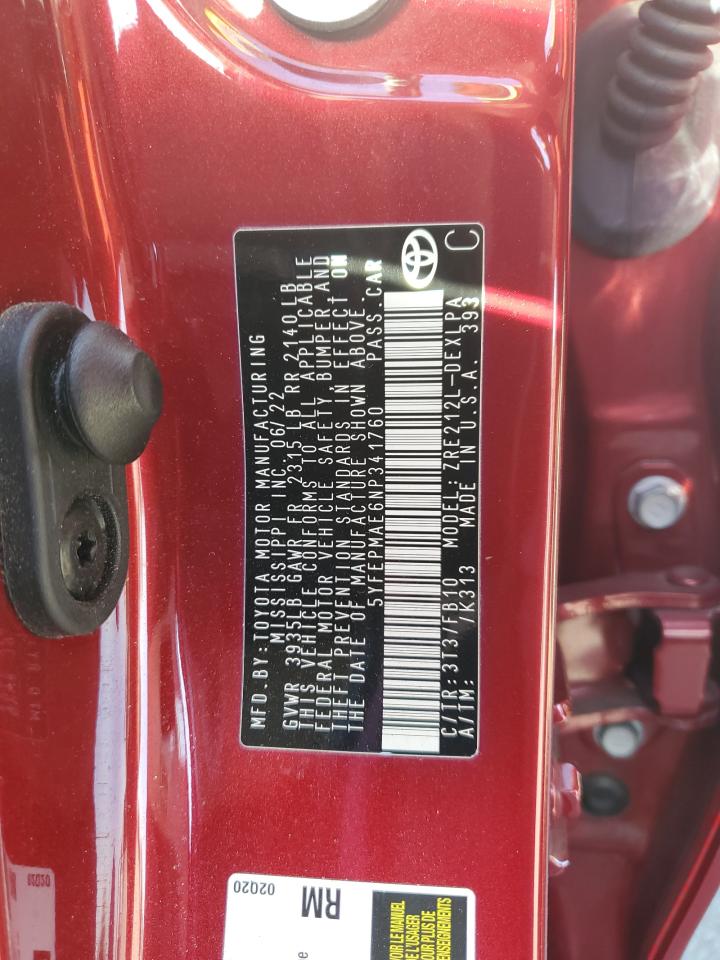 2022 TOYOTA COROLLA LE VIN:5YFEPMAE6NP341760