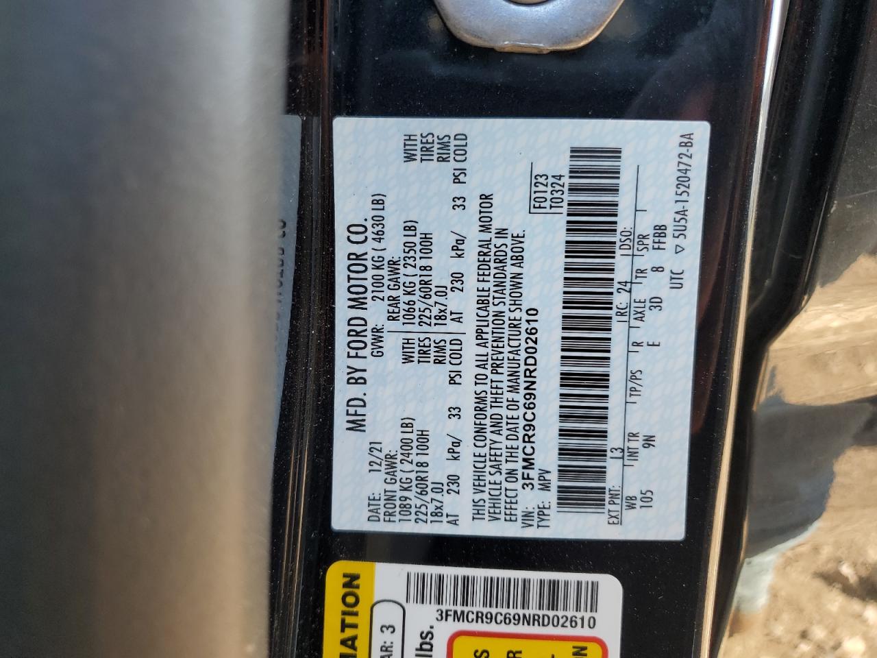 2022 FORD BRONCO SPORT OUTER BANKS VIN:3FMCR9C69NRD02610