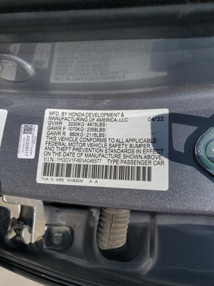 2022 HONDA ACCORD SPORT SE VIN:1HGCV1F46NA046577