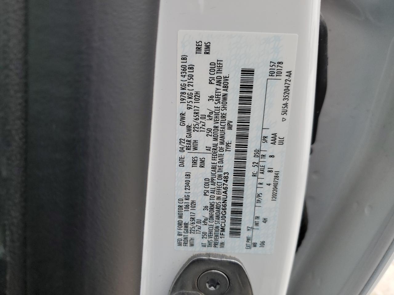 2022 FORD ESCAPE SE VIN:1FMCU0G66NUA67483