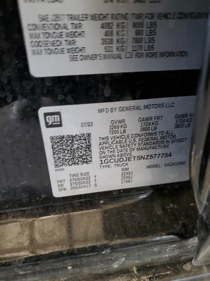 2022 CHEVROLET SILVERADO K1500 HIGH COUNTRY VIN:1GCUDJET5NZ577754