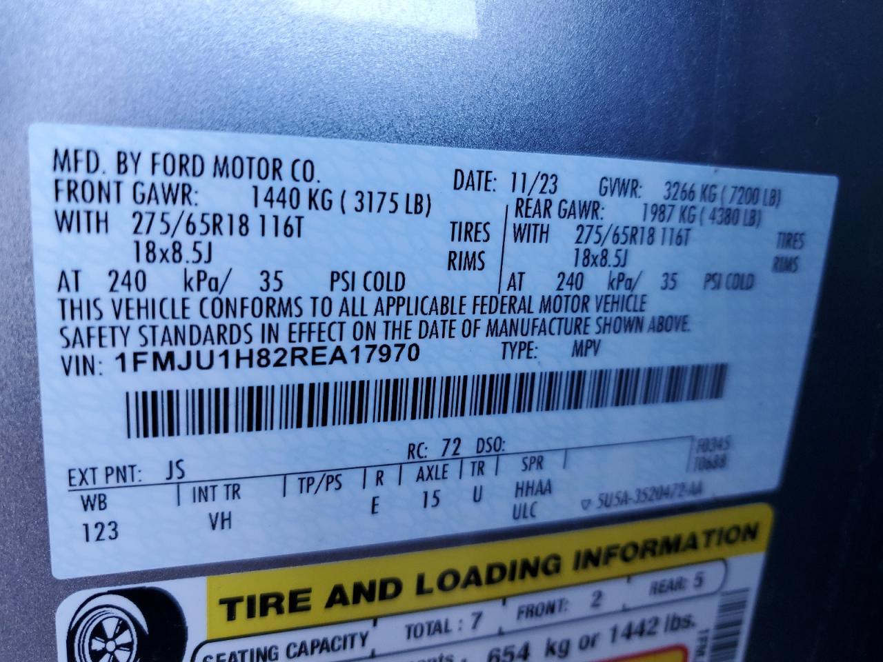 2024 FORD EXPEDITION XLT VIN:1FMJU1H82REA17970