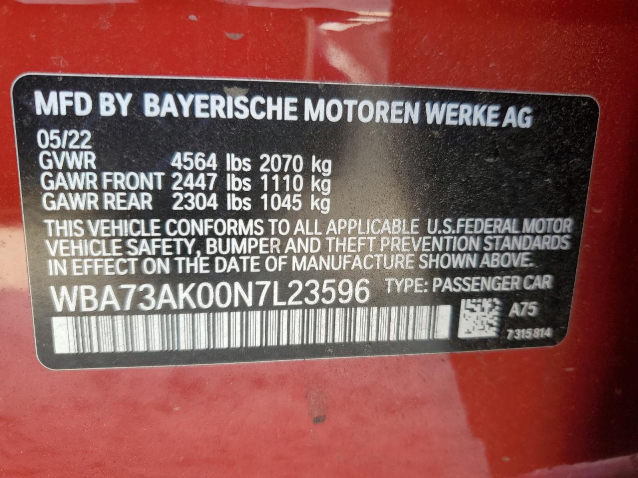 2022 BMW 228XI VIN:WBA73AK00N7L23596