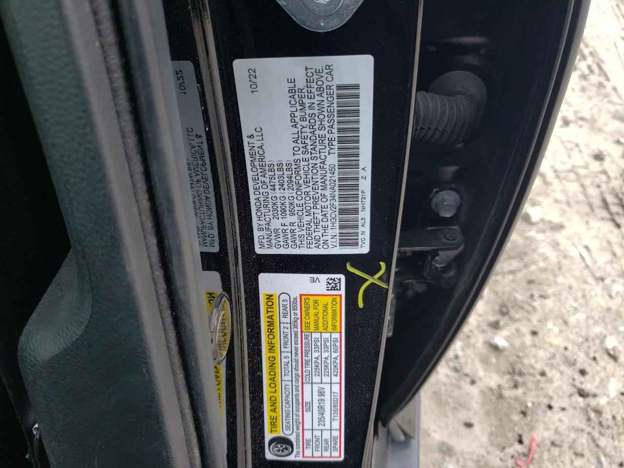 2022 HONDA ACCORD SPORT VIN:1HGCV2F34NA021450