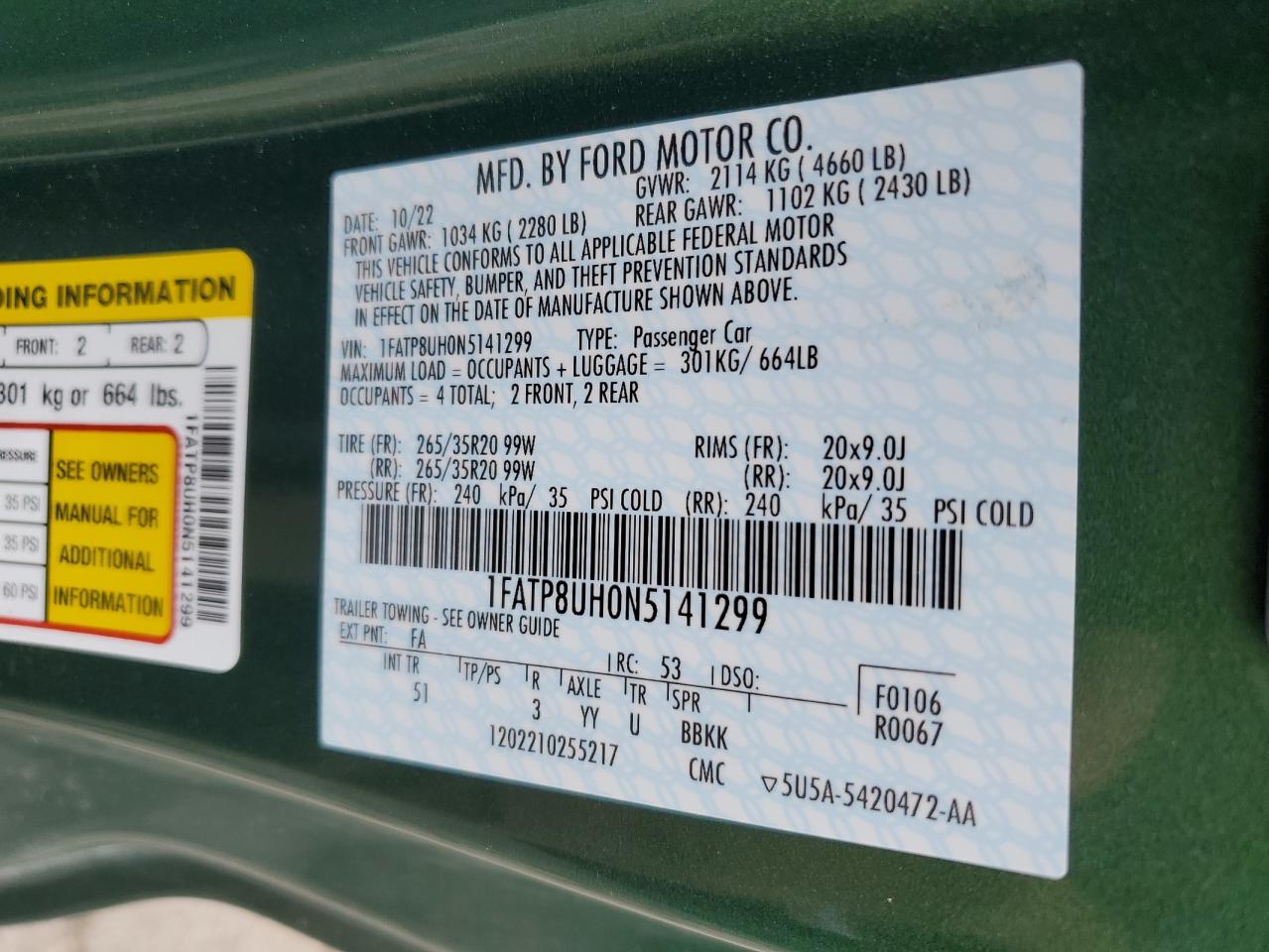 2022 FORD MUSTANG VIN:1FATP8UH0N5141299