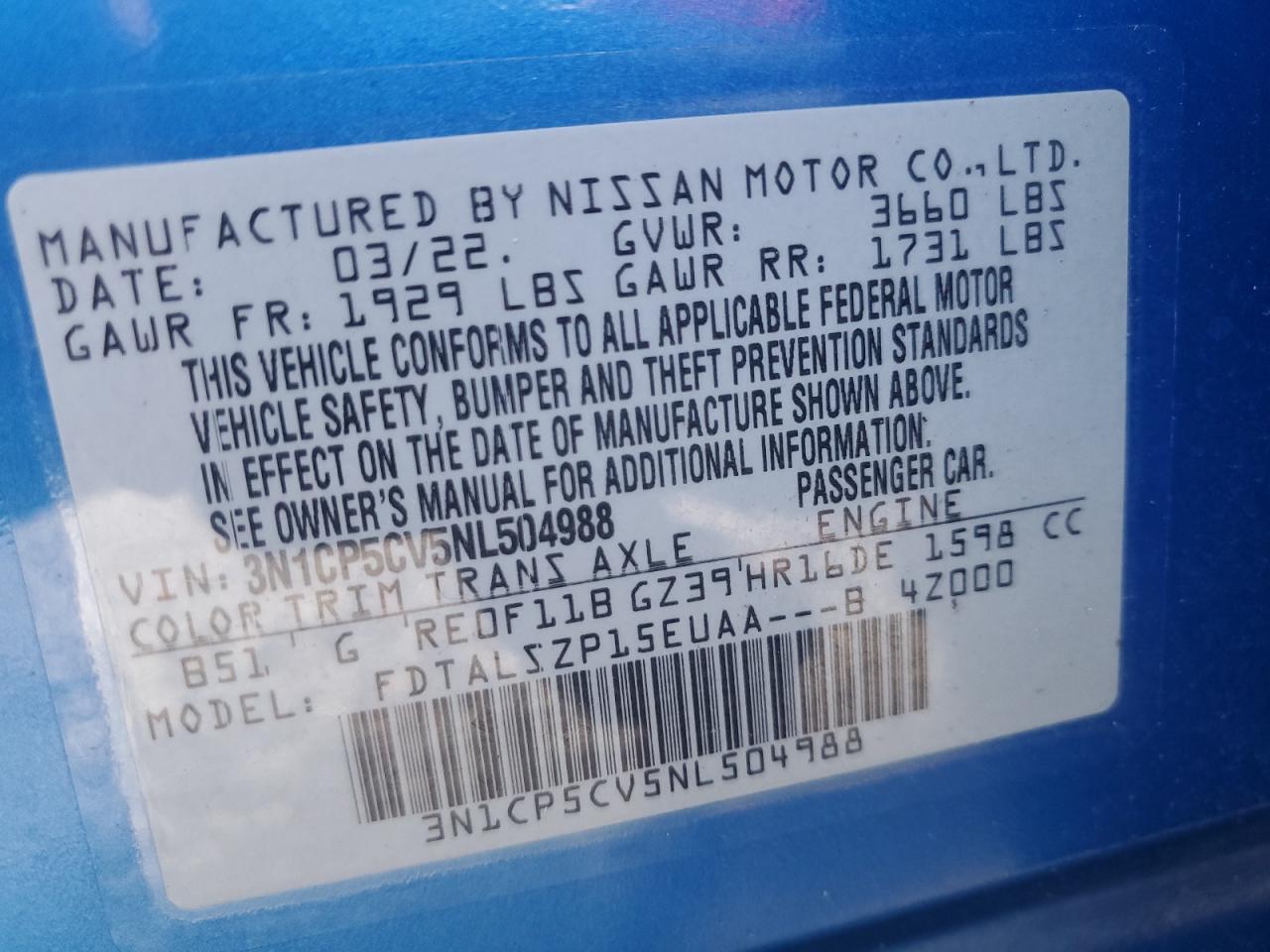 2022 NISSAN KICKS SV VIN:3N1CP5CV5NL504988