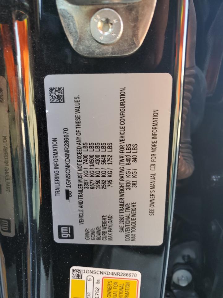 2022 CHEVROLET TAHOE C1500 LT VIN:1GNSCNKD4NR286670