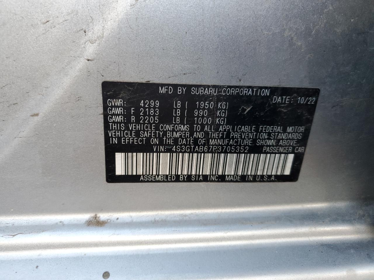 2023 SUBARU IMPREZA VIN:4S3GTAB67P3705352