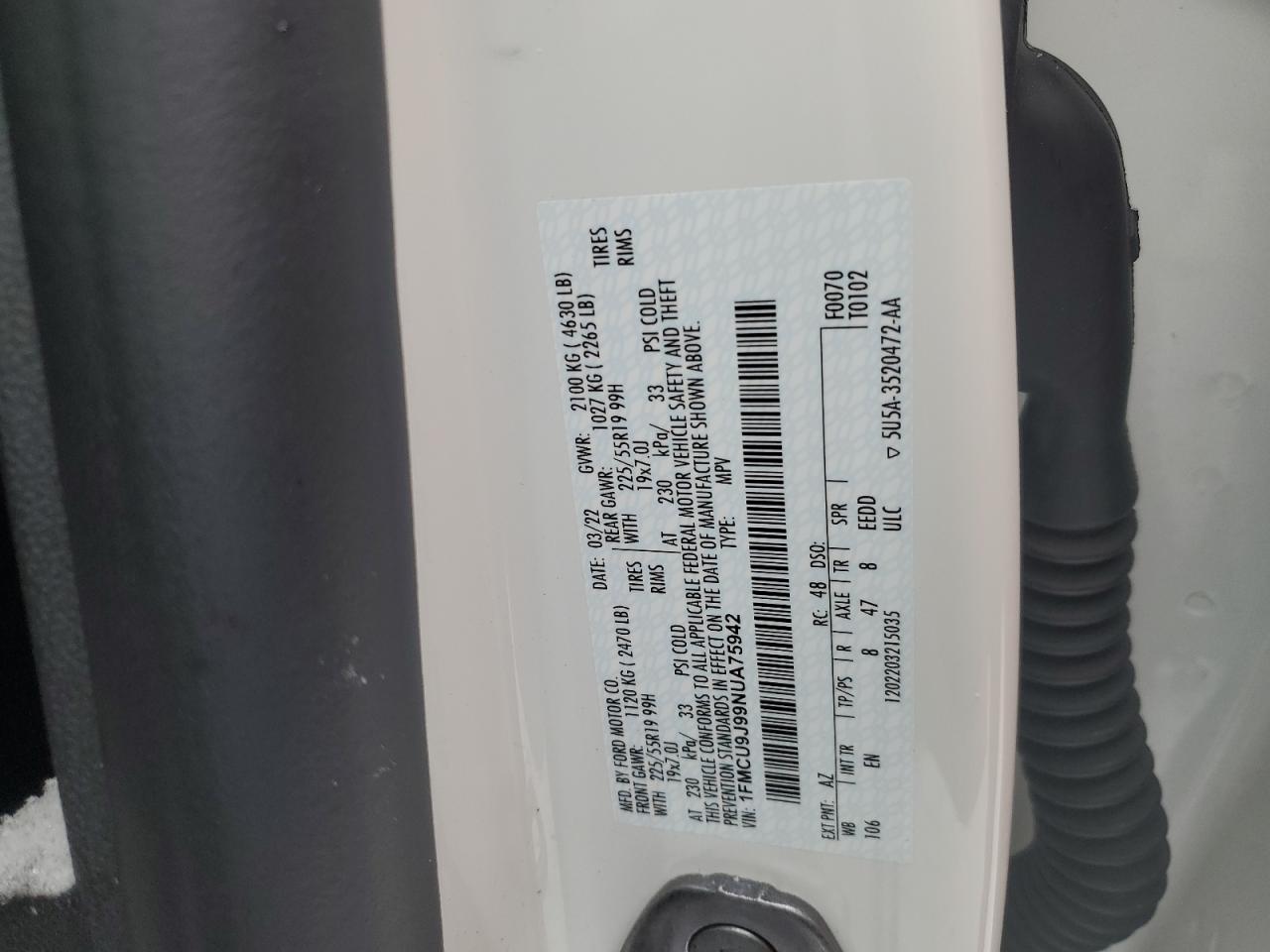 2022 FORD ESCAPE TITANIUM VIN:1FMCU9J99NUA75942