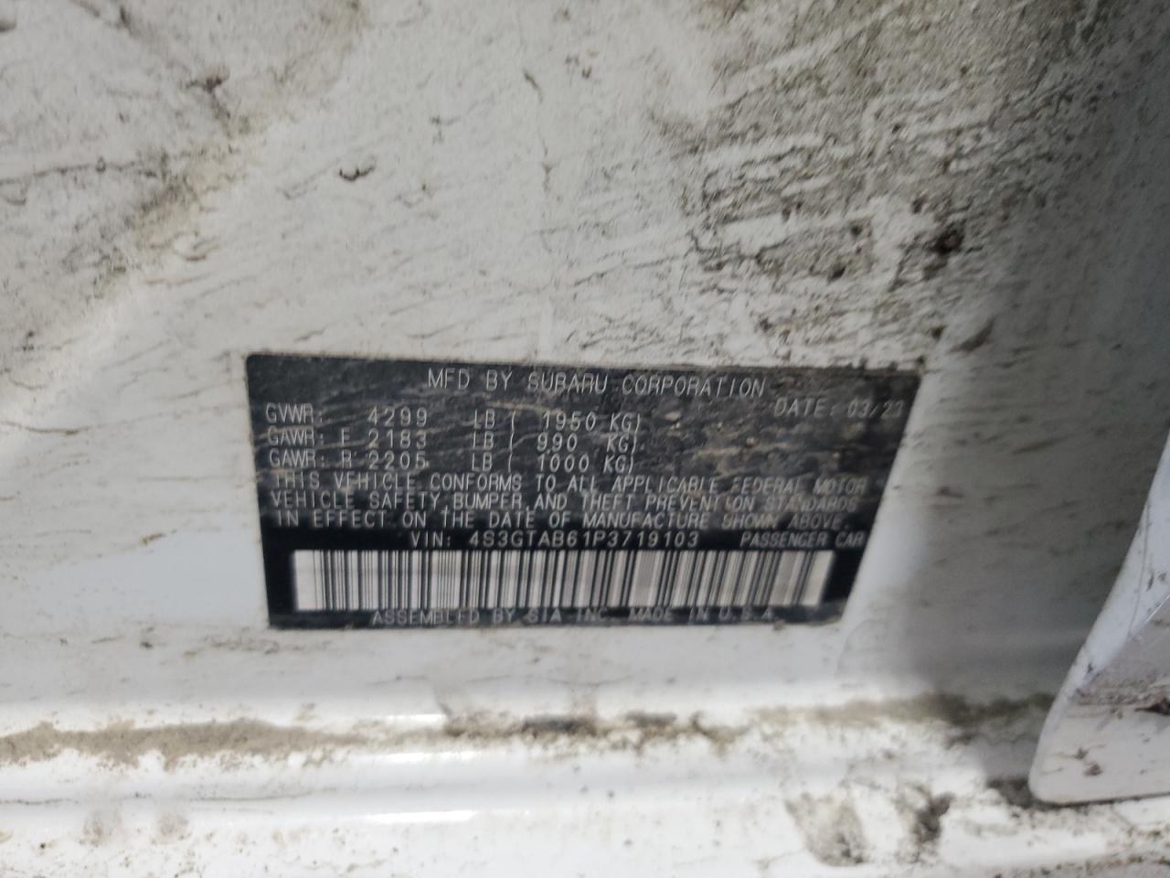 2023 SUBARU IMPREZA VIN:4S3GTAB61P3719103